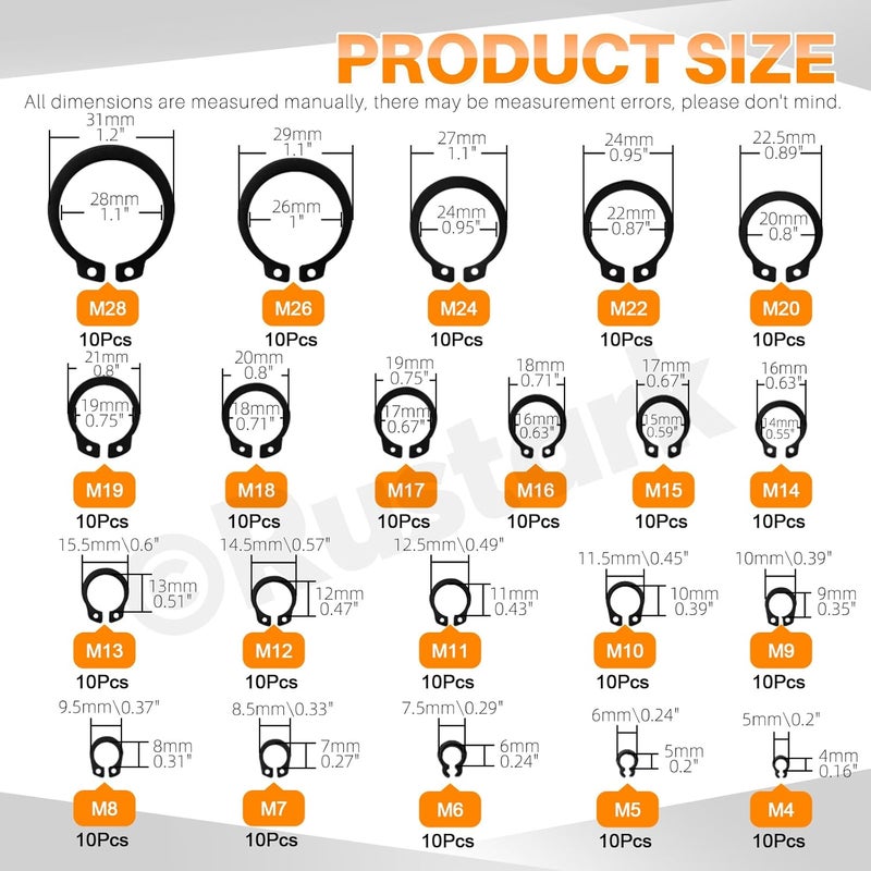 Rustark 312Pcs 4 in 1 Snap Ring Pliers with M1.5-M10 Black E-Clip Circlip Retaining Rings Assortment Kit and M4-M28 C-Clip External Snap Rings Assortment Kit with Tweezers - Image 3